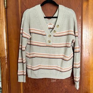 Maurices Beige and Orange Striped V-Neck Sweater